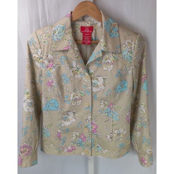 Oscar de la Renta Jackets & Blazers - Oscar de la Renta Tan Watercolor Pink Blue Flowers Jacket Blazer sz 8